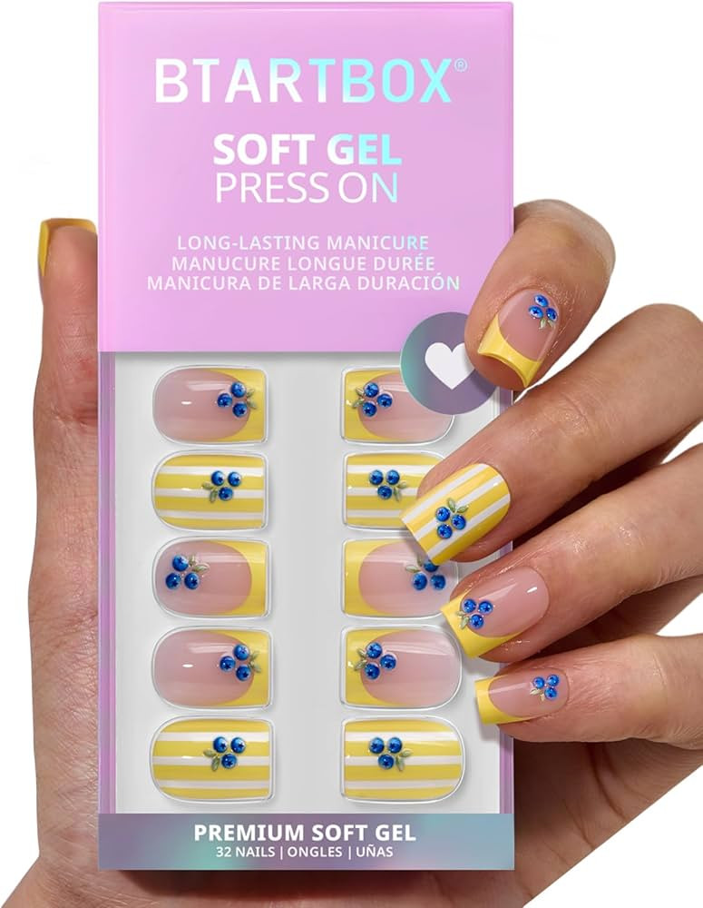 BTArtbox French Tip Press On Nails - Blueberry Rain, Easy-to-Apply Yellow Short Square Press On N... | Amazon (US)