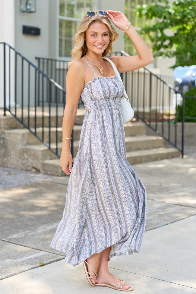 Lovingly Yours Lavendar Stripe Floral Midi Dress | Pink Lily