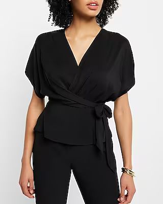 Draped Faux Wrap Tie Waist Peplum Top | Express