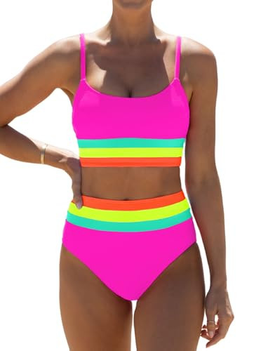 popvil High Waisted Bikini Sets for Women Tummy Control Swimsuits Neon Swimwear 3 Piece Color Block Push Up Bathing Suits with Skirt Ladies Summer Beach 2026 (Red) | Amazon (US)