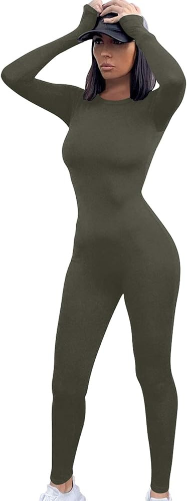 TOB Women's Casual Soft One Piece Long Sleeves Zip Up Bodycon Jumpsuits Playsuits | Amazon (US)
