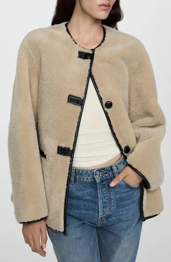 MANGO Contrast Faux Leather Trim Faux Fur Toggle Coat | Nordstrom | Nordstrom