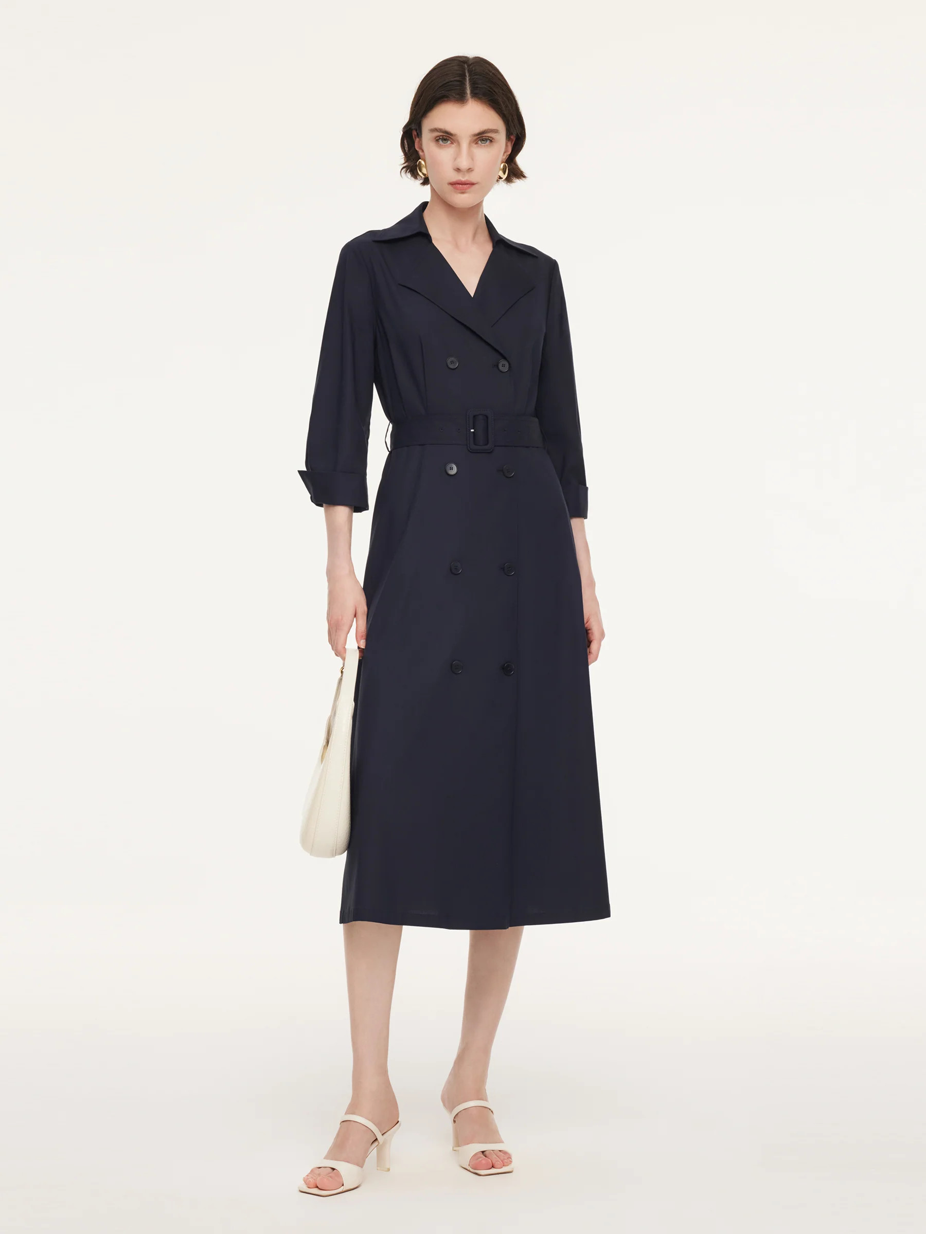 Linen Blend Stretch Women Belted Trench Midi Dress | GOELIA