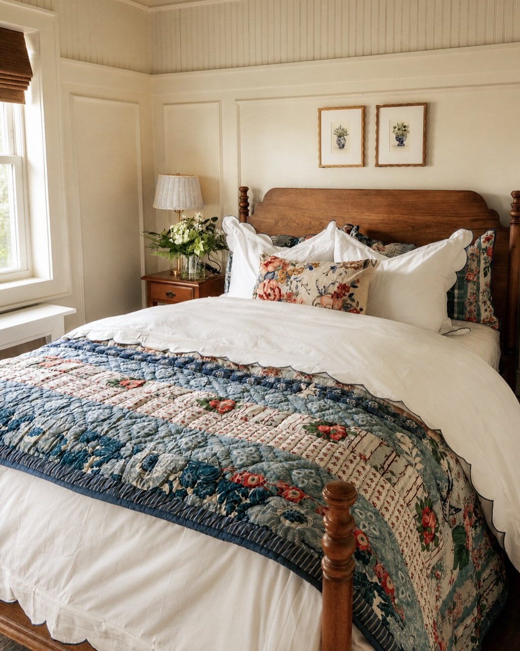 I used to think every room had to “make sense” before I let myself add personality to it. Like I needed to commit to one style, one color palette, one mood. But honestly… the rooms I love most now are the ones that feel a little collected and a little personal.

Pattern on pattern. Woods that feel warm and worn in. Quilts that look like they’ve been around forever. A floral pillow that probably shouldn’t work but somehow does. That’s the kind of home I want to live in. Not perfect. Just layered and full of things I genuinely love.

And lately I’ve been trying to add more pieces of me into these spaces too. My art, little collected things, handmade details, things that feel personal instead of just “decor.” I want my home to feel like it tells my story a little bit instead of looking like I copied a room straight off a website.

I think people get so nervous to decorate because they’re worried about doing it wrong, but half the charm comes from letting your space reflect you a little bit. Add the color. Mix the patterns. Hang the art. Use the “fancy” bedding. Your house is allowed to have personality.

Most of this room is from @potterybarn ￼ which honestly made layering everything together way easier than my brain was making it out to be.