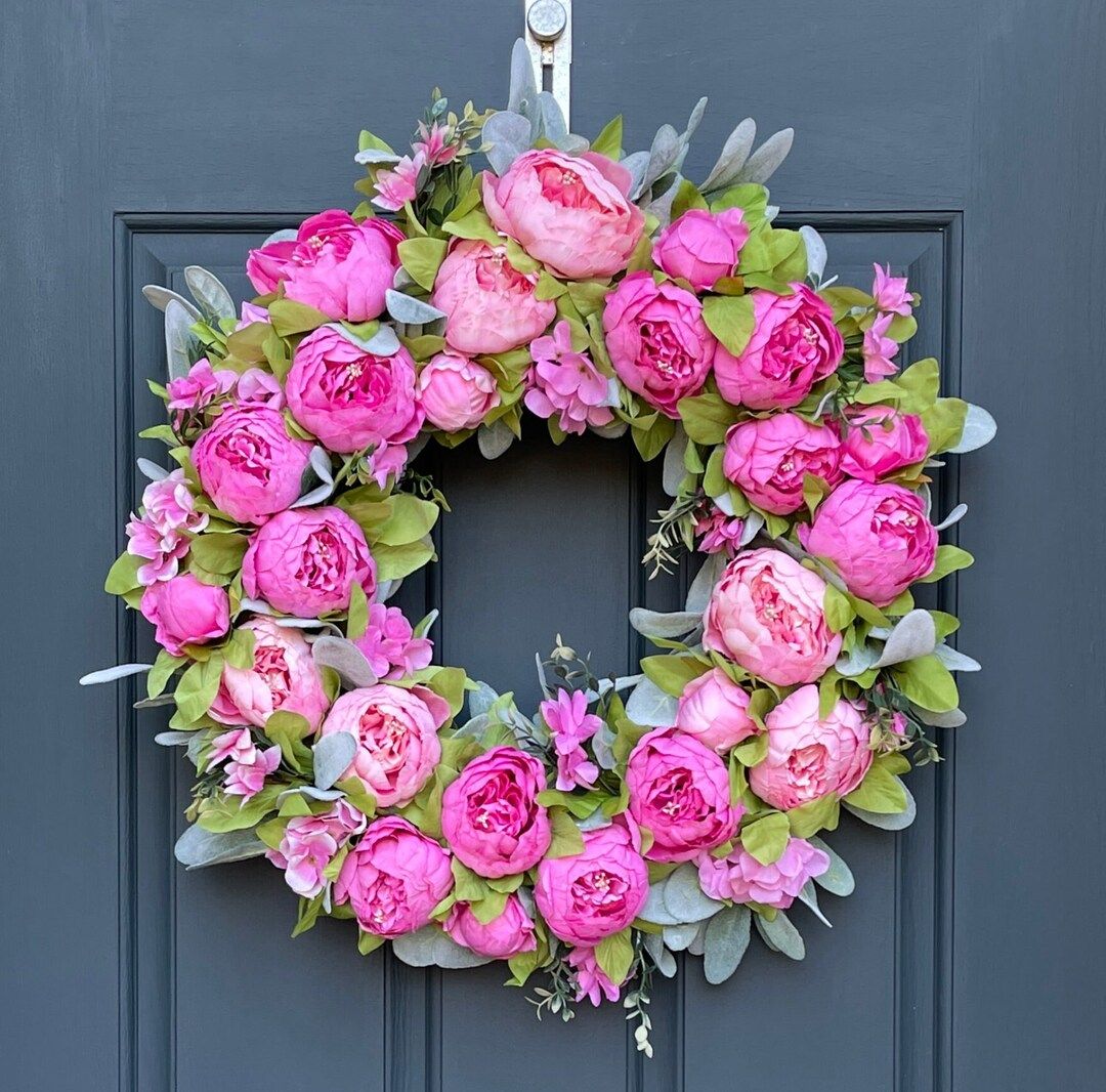 Spring and Summer Peony Wreath Front Door Decor Pink Peony and Lambs Ear Easter Door Hanger Mothe... | Etsy (US)
