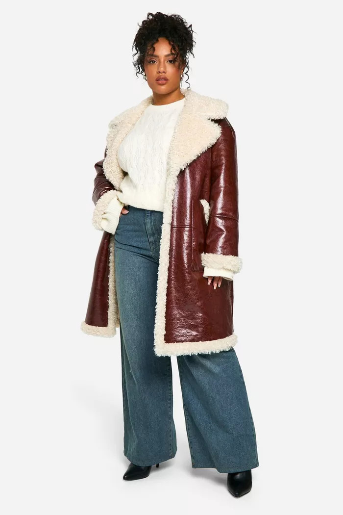 Plus Faux Leather Teddy Trim Longline Aviator Jacket | boohoo (US & Canada)