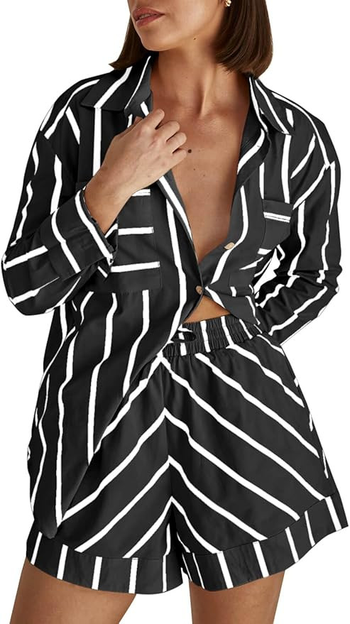 Tankaneo Womens Striped 2 Piece Outfits Button Down Shirts and Shorts Lounge Matching Sets | Amazon (US)