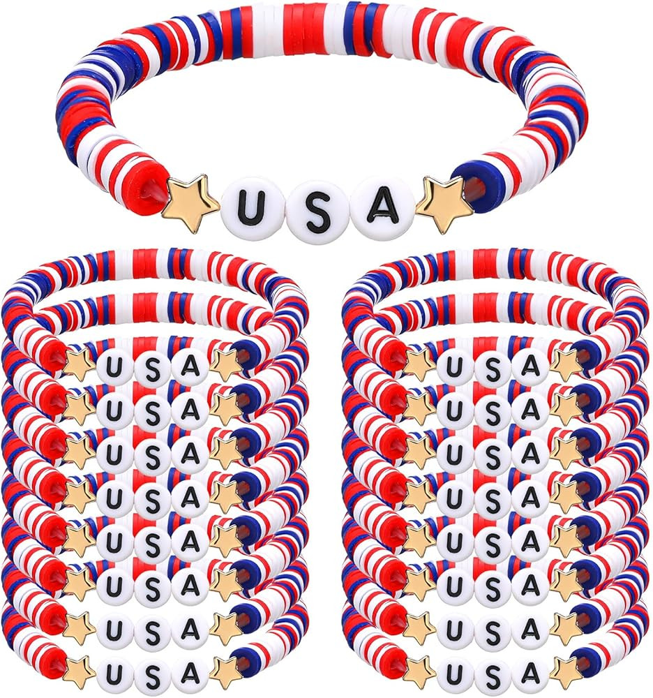 USA Bracelets Bulk 4th of July Accessories Red White and Blue Polymer Clay Beaded Stretch Bracele... | Amazon (US)