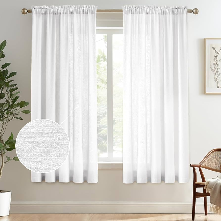Melodieux White Semi Sheer Curtains 63 Inches Long for Living Room, Linen Look Bedroom Rod Pocket... | Amazon (US)