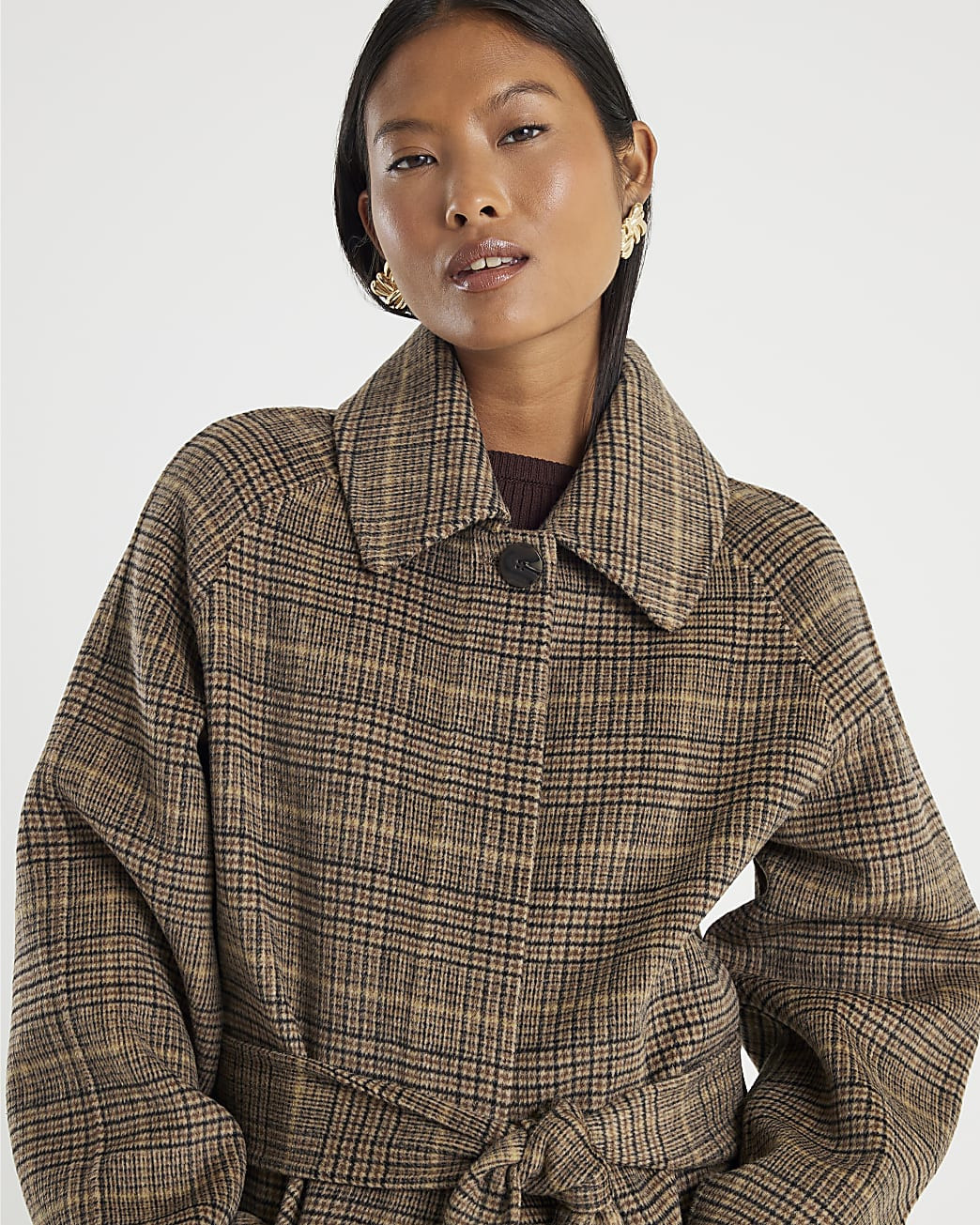 Petite Brown Wool Blend Check Trench Coat | River Island UK & IE