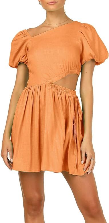AEL Women's Square Neck Cut Out Mini Dress Short Puff Sleeve Summer Casual Solid Swing Flared Sundre | Amazon (US)