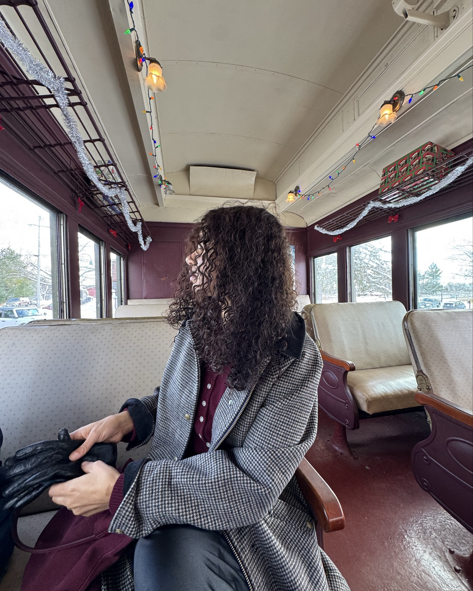 winter outfit for a festive train ride: burgundy cardigan, black slip skirt, suede knee high boots, barn jacket, burgundy bucket tote bag, leather gloves 

#LTKootd #LTKHoliday