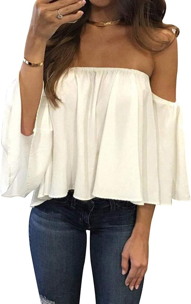 Bluetime Women Summer Off Shoulder Chiffon Blouse Ruffles Short Sleeves Tops Casual T Shirt | Amazon (US)