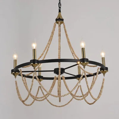 Black Beaded Chandelier With Wooden Pendants, 6-Light Boho Ceiling Fixture For Modern Farmhouse Dining Room, Adjustable Height | Wayfair North America