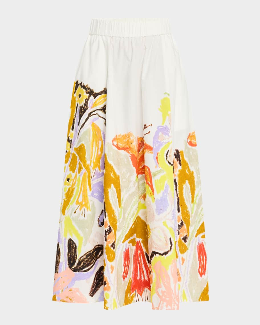 Marie Oliver Sasha Abstract-Print Cotton Midi Skirt | Neiman Marcus