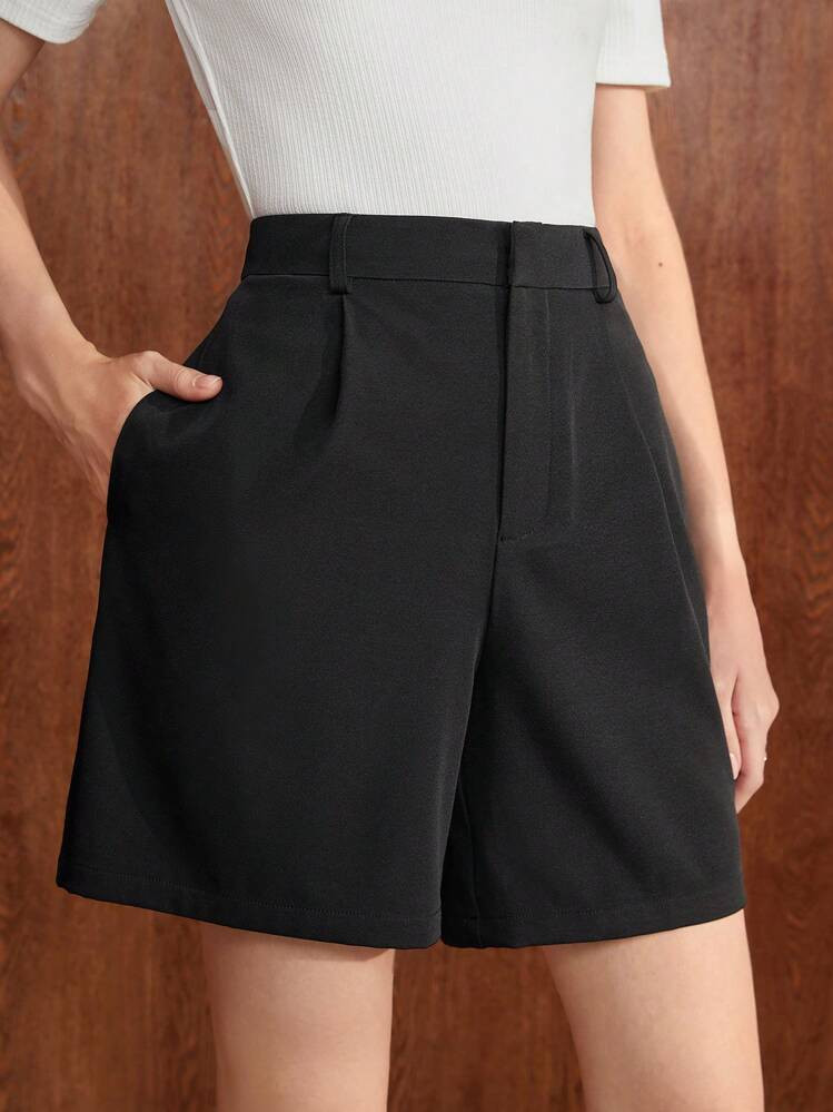 BizChic Women's Black Casual Shorts, Loose Fit With Slant Pockets, Solid Color, Suitable For Leisure, Commuting, Business, Office Wear In Autumn/Winter | SHEIN