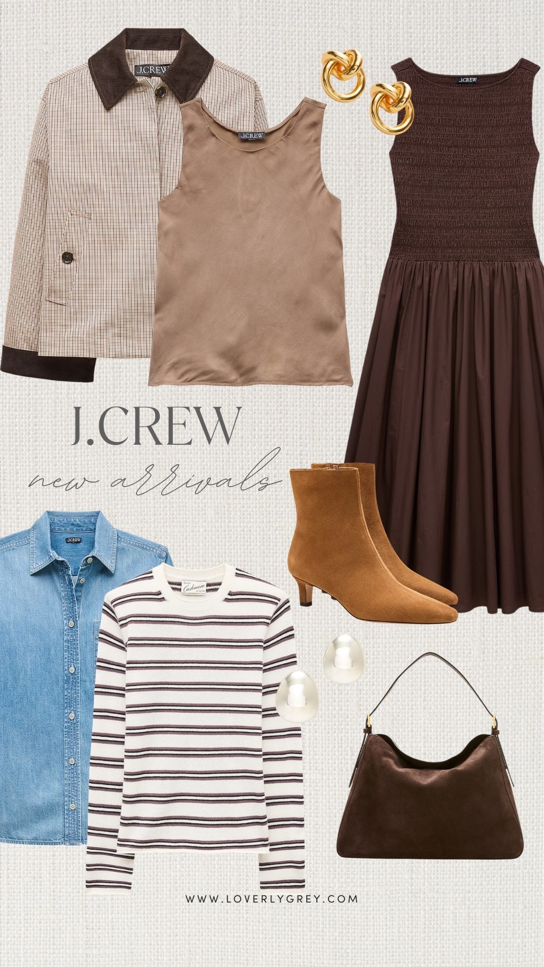 J.Crew new arrivals for fall featuring a brown midi dress, plaid jacket, denim button down, ballet flats, statement earrings and suede shoulder bag. Chic fall wardrobe staples in the prettiest chocolate brown and denim color palette!

#LTKSeasonal #LTKootd