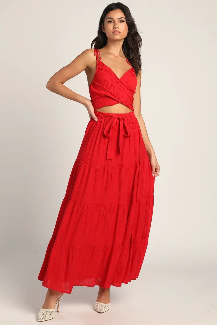 Seek Your Sunshine Red Tie-Strap Cutout Tiered Maxi Dress | Lulus (US)
