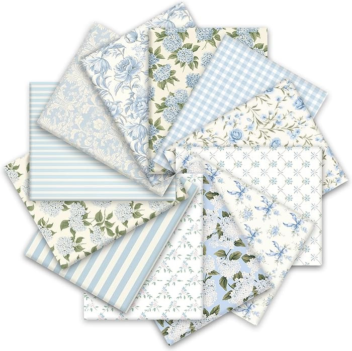 JarThenaAMCS 12Pcs Hydrangea Cotton Fabric Bundles 10 x 10 Inch Watercolor Dusty Blue Floral Fabr... | Amazon (US)