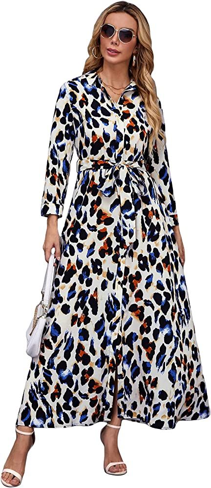 WDIRARA Women's Leopard Print Button Front Long Sleeve Split Belted Maxi Shirt Dress | Amazon (US)