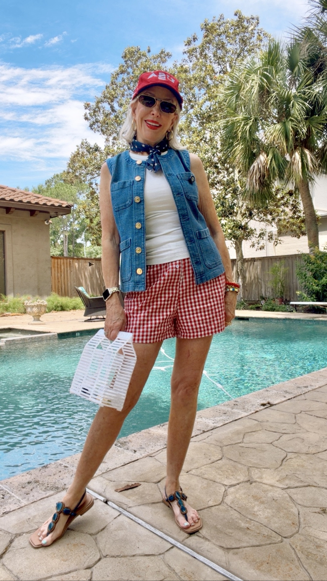 A denim vest is your summer best friend. So many ways to accessorize. Fed gingham gingham shorts are so cute wear as pj’s or as shorts. Tank top is good quality but size up. Shorts are tts.

#LTKOver40 #LTKActive #LTKSaleAlert