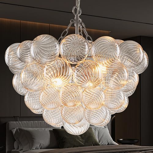 Longree Bubble Glass Ball Chandelier Brushed Nickel Light Fixture Swirled Clear Globe Blown Glass Chandeliers 20" Dia Cluster Pendant Lights for Dining Room Kitchen Bathroom Entryway Bedroom | Amazon (US)