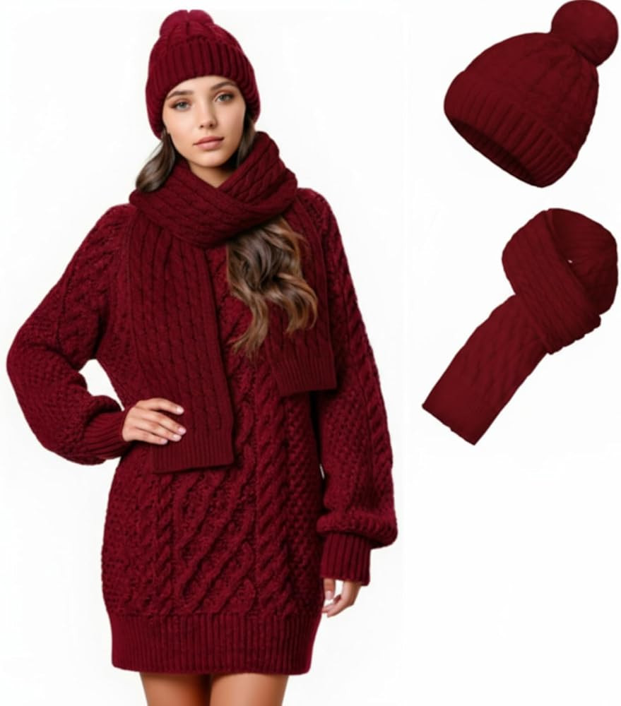 3 Pcs Christmas Women Long Sleeve Oversized Cable Knit Sweater Dress 2025 Winter Chunky Pullover ... | Amazon (US)