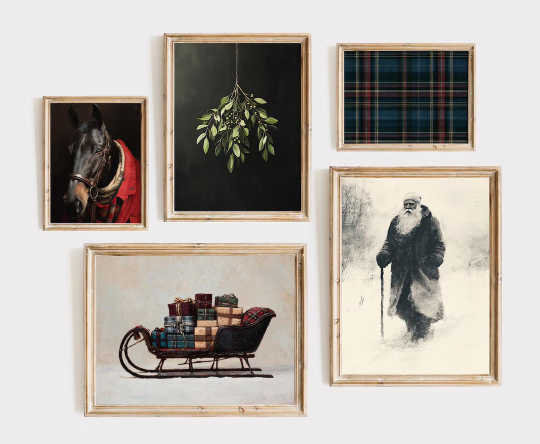 Equestrian Christmas Wall Art Set of 5 + Bonus | Vintage Holiday Wall Art Set | Plaid & Heritage ... | Etsy (US)