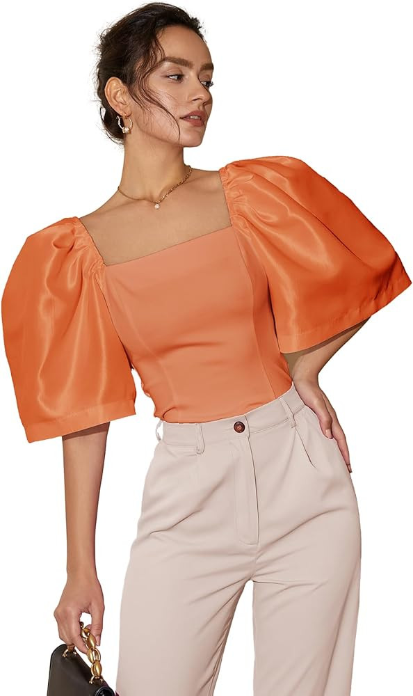 Floerns Women's Square Neck Puff Short Sleeve Elegant Blouse Crop Top | Amazon (US)