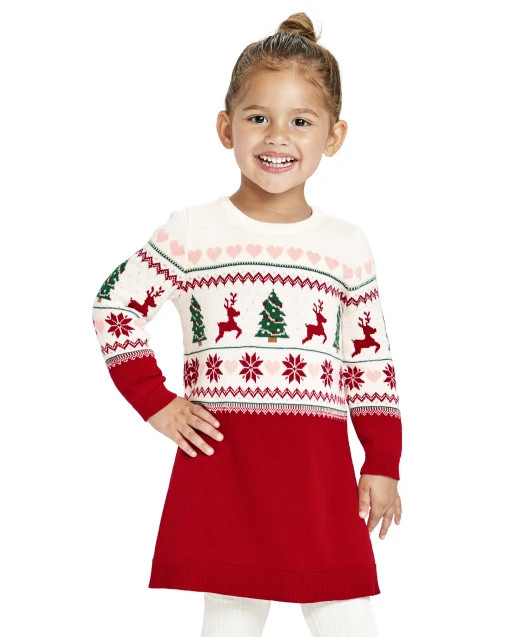 Baby And Toddler Girls Long Sleeve Christmas Fairisle Knit Sweater Dress | The Children's Place | The Children's Place