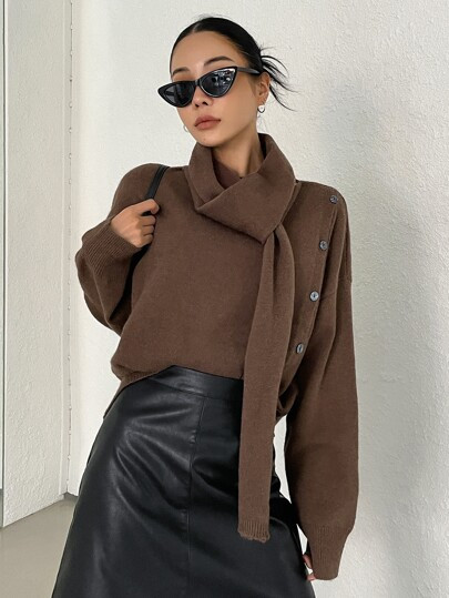 DAZY Turtleneck Drop Shoulder Button Detail Jumper | SHEIN