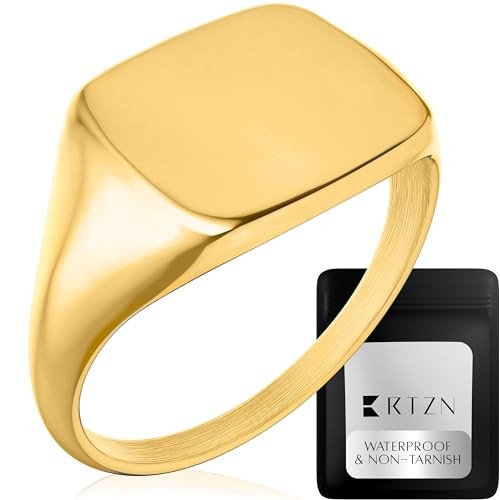 RTZN® Signet Rings for Men — Gold Plated Stainless Steel Ring — 100% Waterproof & Non Tarnish Plain Statement Pinky Mens Signet Rings Gold Pinky Ring for Men (Square Gold | SIZE: 12) | Amazon (US)