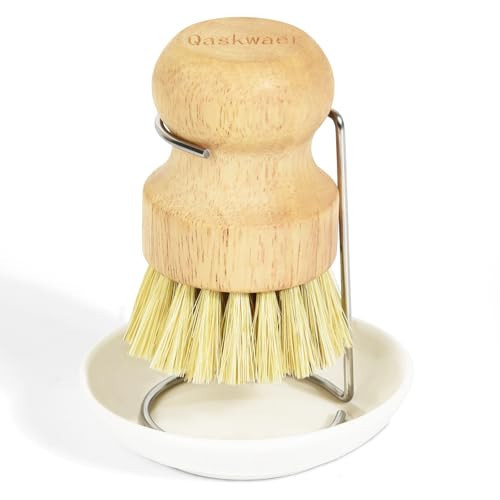 Qaskwaer Wooden Dish Brushes, Dish Dishwashing Brush for Cleaning Dishes, Kitchen Wooden Cleaning Dsihes Set with Draining Rack, Natural Sisal Bristles, 1 Set