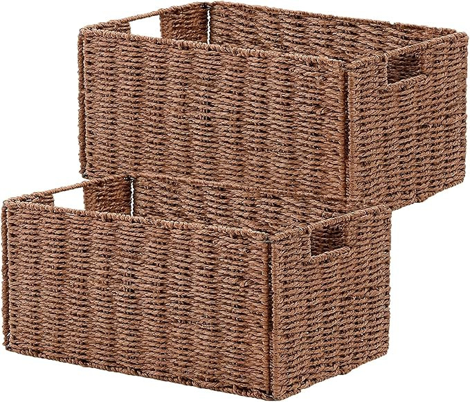 Wicker Storage Basket, Set of 2 Hand-Woven Paper Rope Wicker Basket, Small Storage Baskets for Or... | Amazon (US)
