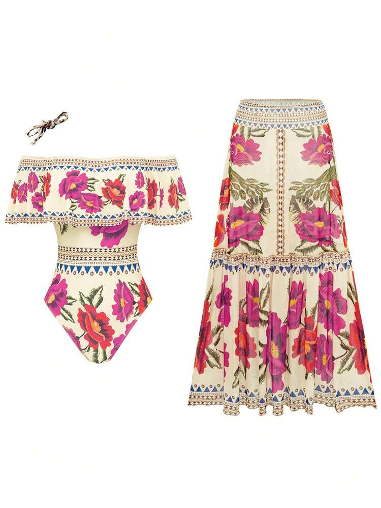 Swim Oasis Conjunto elegante de mujer con blusa vintage de hombros descubiertos con tirantes desm... | SHEIN