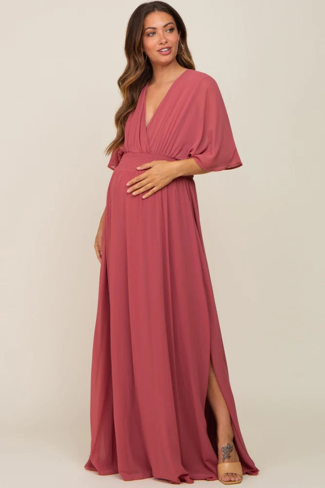 Mauve Chiffon V-Neck Smocked Waist Maternity Maxi Dress | PinkBlush Maternity