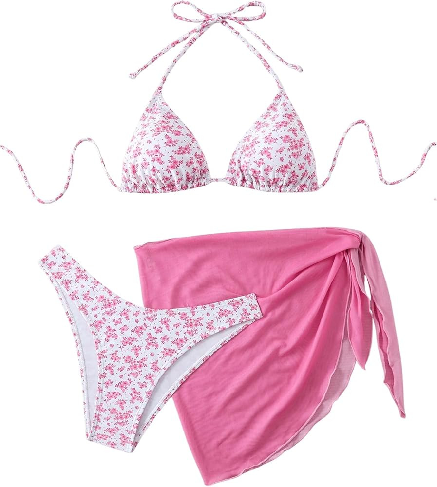 SHENHE Women's 3 Piece Floral Bikini Set with Wrap Coverup Halter Triangle Swimsuits | Amazon (US)