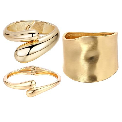 SONNYX 3Pcs Gold Cuff Bangle Bracelets For Women Trendy Hinged Cuff Open Wide Chunky Gold Bracelet Irregular Minimalist Bangle Jewelry Gift | Amazon (US)