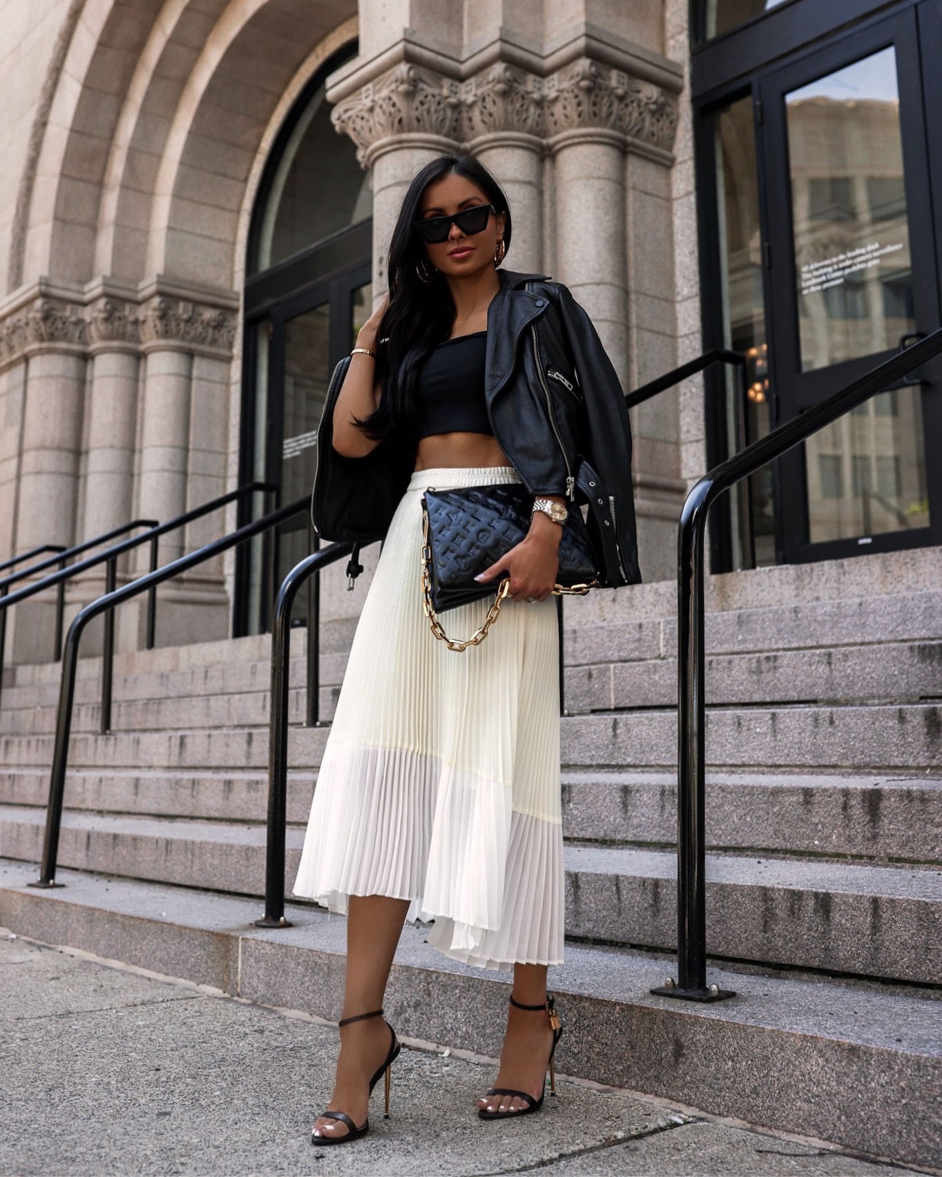 Fall transitional outfit / summer date night
AllSaints balfern leather jacket 
Nordstrom black tube top
Pleated midi skirt 
Tom ford ankle strap heels 

#LTKunder100 #LTKFind #LTKstyletip