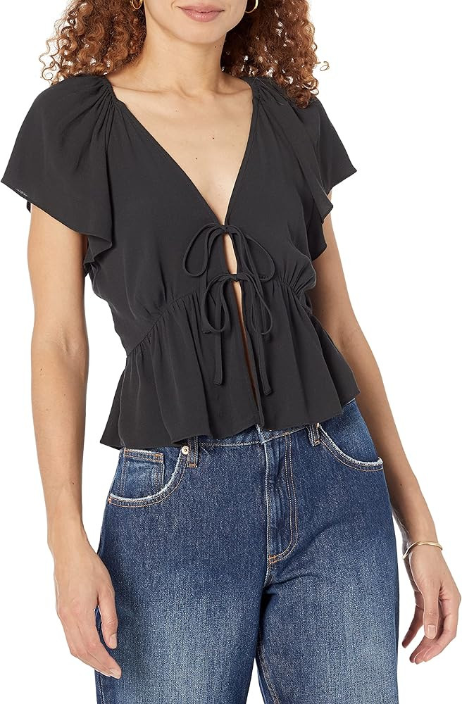 The Drop Women's Elize Puff-Sleeve Tie-Front Crepe Blouse | Amazon (US)