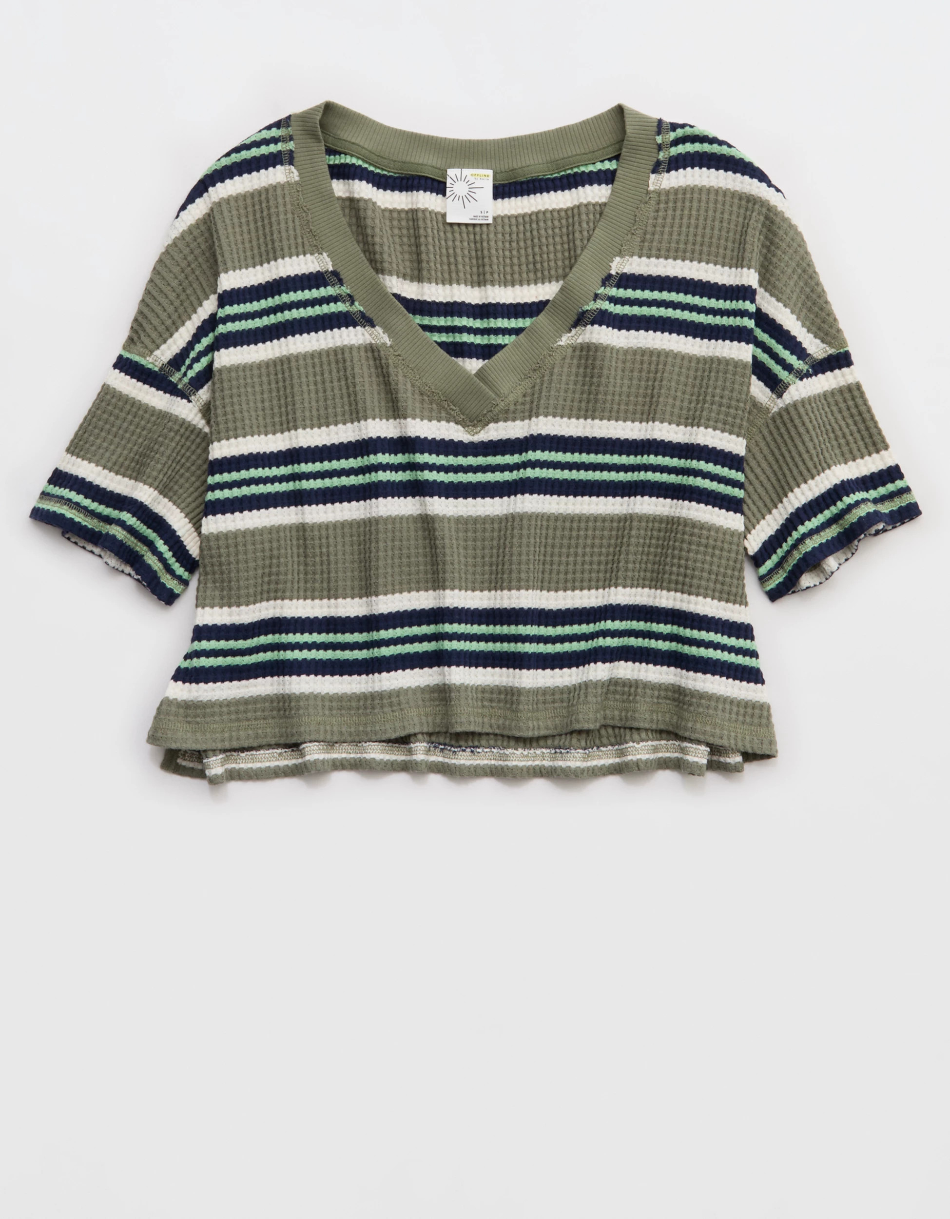 OFFLINE By Aerie Wow! Waffle V Neck Cropped Relaxed Short Sleeve T-Shirt | Aerie