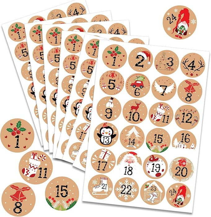 HOWAF 192pcs Christmas Advent Stickers 1-24 Christmas Number Stickers Round Kraft Xmas Countdown ... | Amazon (US)
