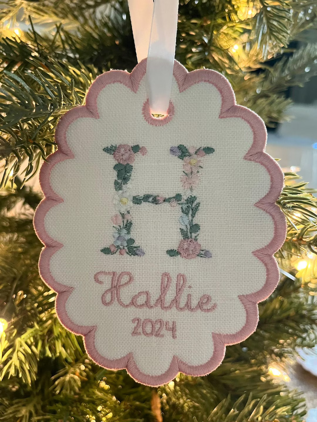 Floral Letter Custom Embroidered Scallop Christmas Ornament - Etsy | Etsy (US)