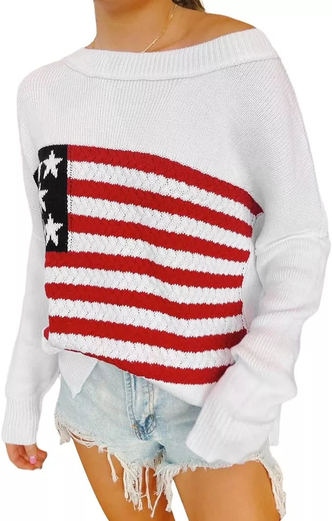 American Flag Sweater for Women Long Sleeve Hollow Out Knit Pullover Casual Loose 4th of July Jum... | Amazon (US)