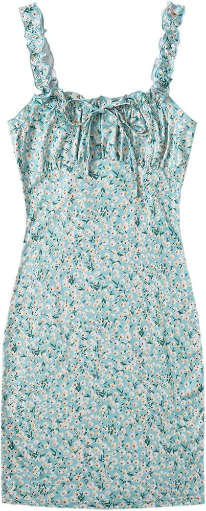 Floerns Women's Disty Floral Frill Trim Tie Front Ruched Bust Mini Bodycon Dress | Amazon (US)