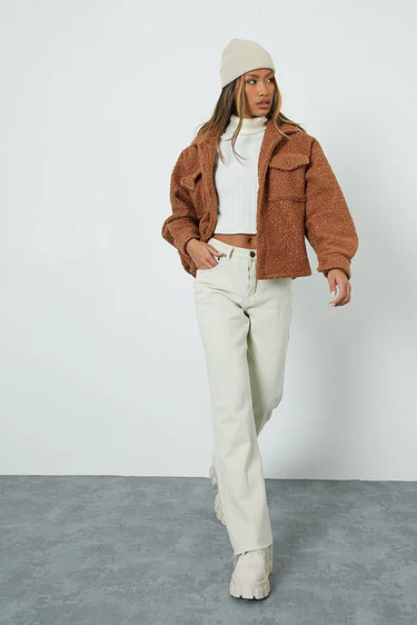 Brown Boucle Button Through Shacket | ISAWITFIRST UK