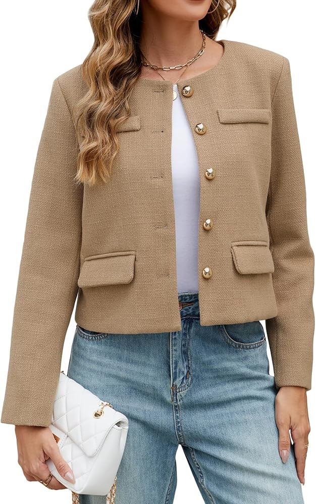 Ladyful Womens Cropped Tweed Blazer Jacket Collarless Long Sleeve Office Work Coat Fall Business ... | Amazon (US)