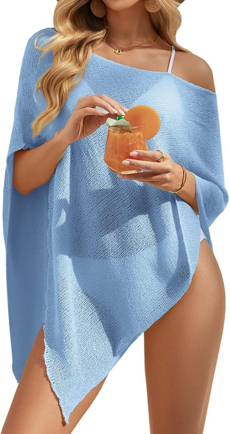 UNCLECAT Women Mesh Knit Crochet Cover Up Spring Summer Sheer Poncho Tops Beachwear Vacation Outf... | Amazon (US)