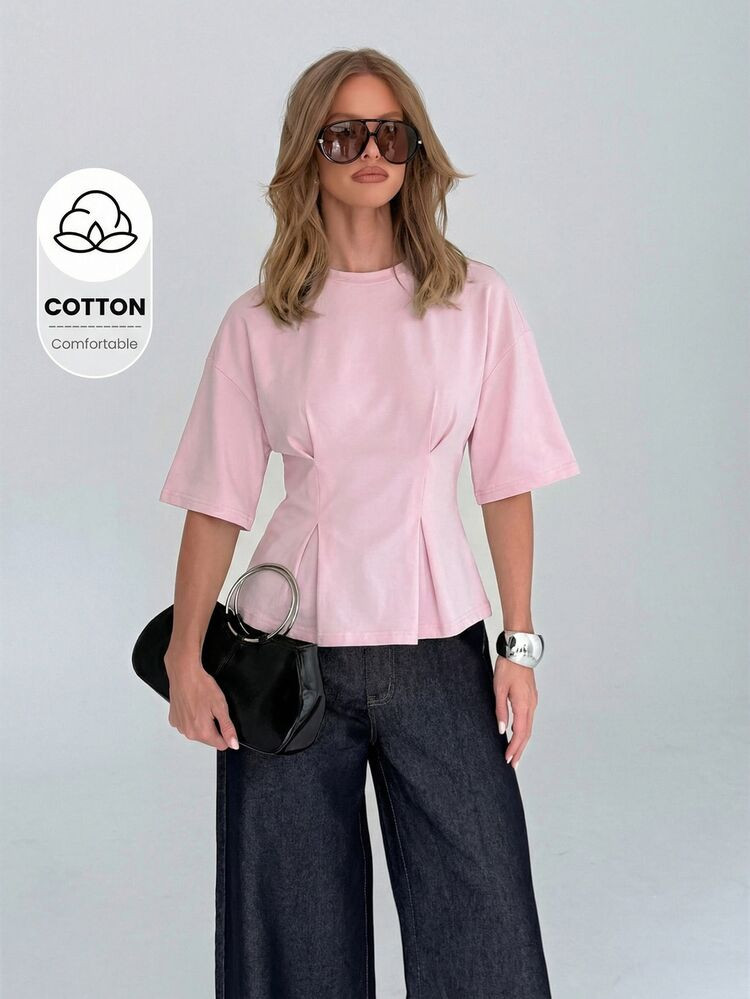 Elegant Peplum T-Shirt With Flattering Waist Silhouette Half Sleeves Crew Neck Cotton Comfort Spr... | SHEIN