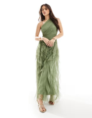 Lace & Beads Bridesmaid one shoulder waterfall ruffle maxi dress in soft olive | ASOS (Global)